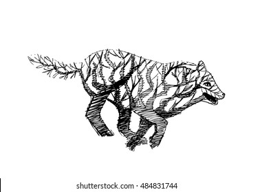  Abstract. Silhouette of wolf with tree.