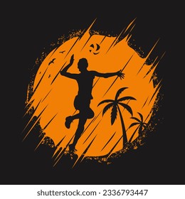abstract silhouette of woman volleyball player and beach sunset view