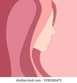 Abstract silhouette of women face and hairstyle on pink background. Flat style vector illustration with copy space for design or text