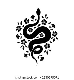 Abstract silhouette of wriggling snake and field of flowers and leaves. Hand drawn black tattoo vintage fashion vector wild animal reptile. Mystic wildlife doodle illustration with botanical elements
