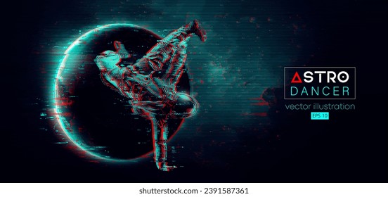 Abstract silhouette of a young hip-hop dancer, brake dancing man astronaut in space action and Earth, Mars, planets on the background of the space. Vector 3d render illustration