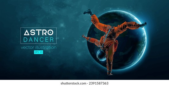 Abstract silhouette of a young hip-hop dancer, brake dancing man astronaut in space action and Earth, Mars, planets on the background of the space. Vector 3d render illustration