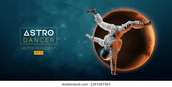 Abstrakte Silhouette eines jungen Hip-Hop-Tänzers, Bremse tanzender Mann Astronaut in Raumfahrt und Erde, Mars, Planeten auf dem Hintergrund des Raumes. Vektorgrafik 3D-Darstellung