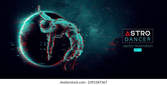 Abstract silhouette of a young hip-hop dancer, brake dancing man astronaut in space action and Earth, Mars, planets on the background of the space. Vector 3d render illustration