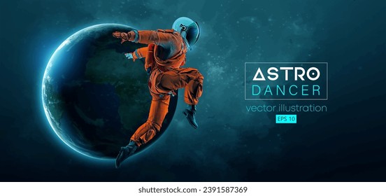 Abstract silhouette of a young hip-hop dancer, brake dancing man astronaut in space action and Earth, Mars, planets on the background of the space. Vector 3d render illustration