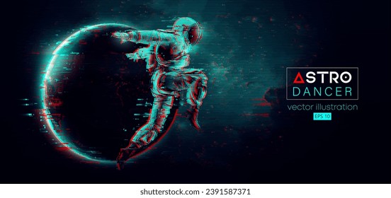 Abstract silhouette of a young hip-hop dancer, brake dancing man astronaut in space action and Earth, Mars, planets on the background of the space. Vector 3d render illustration
