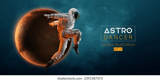 Abstract silhouette of a young hip-hop dancer, brake dancing man astronaut in space action and Earth, Mars, planets on the background of the space. Vector 3d render illustration