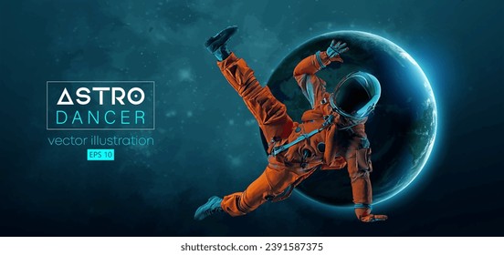 Abstract silhouette of a young hip-hop dancer, brake dancing man astronaut in space action and Earth, Mars, planets on the background of the space. Vector 3d render illustration