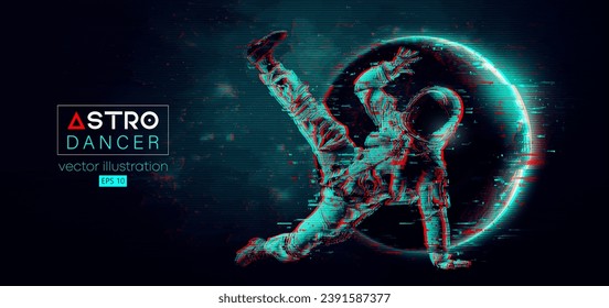 Abstract silhouette of a young hip-hop dancer, brake dancing man astronaut in space action and Earth, Mars, planets on the background of the space. Vector 3d render illustration