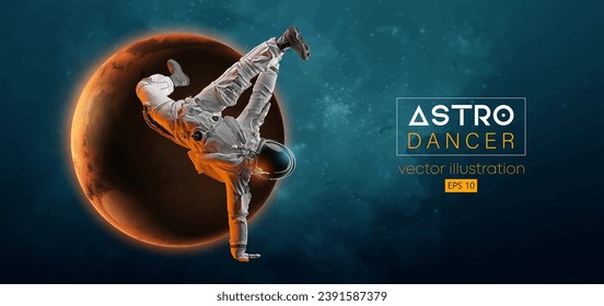 Abstract silhouette of a young hip-hop dancer, brake dancing man astronaut in space action and Earth, Mars, planets on the background of the space. Vector 3d render illustration