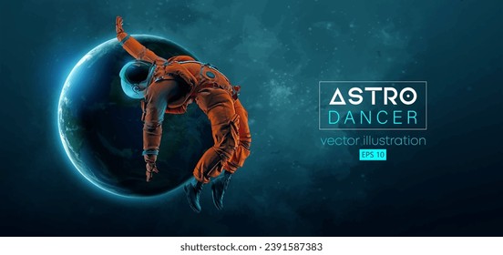 Abstract silhouette of a young hip-hop dancer, brake dancing man astronaut in space action and Earth, Mars, planets on the background of the space. Vector 3d render illustration