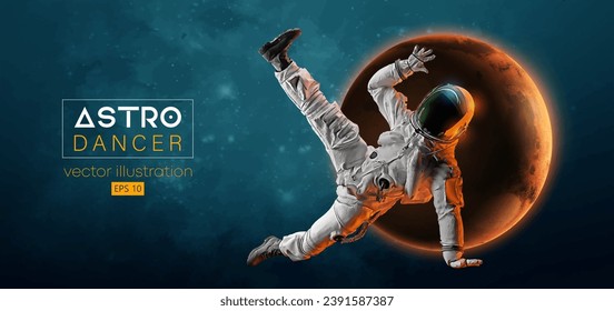 Abstract silhouette of a young hip-hop dancer, brake dancing man astronaut in space action and Earth, Mars, planets on the background of the space. Vector 3d render illustration