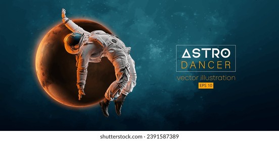 Silueta abstracta de una joven bailarina de hip-hop, astronauta de bailarines de frenos en acción espacial y Tierra, Marte, planetas en el fondo del espacio. Ilustración del vector 3d