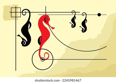 Abstract silhouettes of black seahorses hanging upside down and one red seahorse on vintage brown background. Cartoon vector flat illustration.