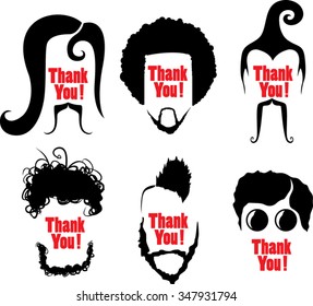 abstract silhouettes of brutal man's faces with beards and various hairdresses with an inscription "Thank you!"