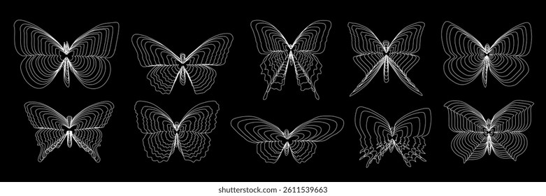 Abstract silhouettes of butterflies with white lines on a black background.eps