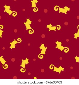 Abstract silhouettes of cats and polka dot. Cute seamless pattern. Red and yellow colour. Vector illustration.