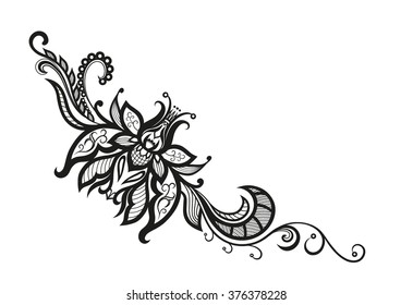 Abstract silhouettes of decorative flower and leaves. These leaves and flowers are reminiscent of lace, they are created to decorate