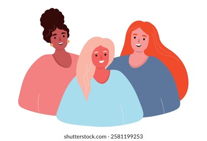 Abstract silhouettes of different joyful women together. Friends support each other. Vector flat graphics.