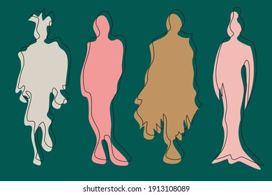 Abstract silhouettes of females in flat and minimal style. Cartoon faceless characters in simple and colorful representation. Muted tones. Fictional fashion models posing in different clothes.  