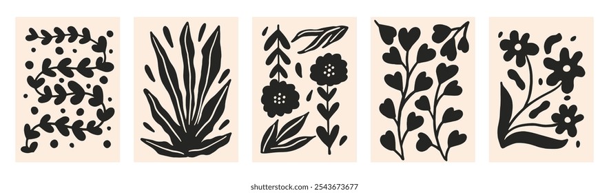 Pósteres florales de siluetas Abstractas, en estilo retro vintage. Cartel decorativo minimalista, Anuncio, tarjeta. Elegante diseño dibujado a mano para el Fondo de pantalla, impresión, cubierta, Plantilla