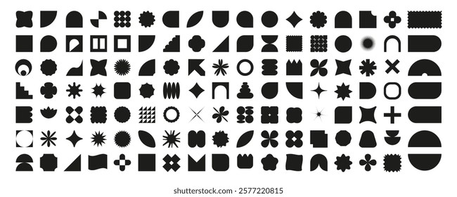 Abstract silhouettes of geometric figures and icons. Brutal modern design in black. Vector set of primitive elements on a white background.