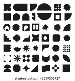 Abstract silhouettes of geometric shapes and icons. Brutal modern design in black. Swiss design aesthetics. Vector set of primitive elements.