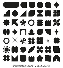 Abstract silhouettes of geometric shapes and icons. Brutal modern design in black. Swiss design aesthetics. Vector set of primitive elements.