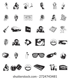 Siluetas Abstractas que ilustran varios Elementos de la música, los medios de comunicación y el estilo de vida moderno