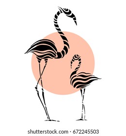 Abstract Silhouettes of pink Flamingo. Beautiful Vector illustration. White background.