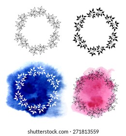 Abstract silhouettes of plants: contour, black and white silhouettes with watercolor background for your design. Vector EPS 10.
