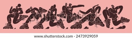 Abstract silhouettes of runners contest. Group of people in sportswear runs fast, rushing to win, victory. Shadow of athletes' crowd jogging in sports competition. Flat contour vector illustration