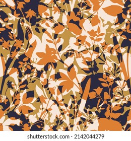 Abstract Silhouettes seamless pattern with leaves and wild flowers Background with florals vector in modern style.