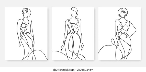 Abstract Silhouettes Set Continuous Line Drawing. Woman Elegant Figure, Minimalist Fashion Concept, Female Beauty One Line Art, Vector Illustration. Woman Contemporary Portrait Minimalist Style	