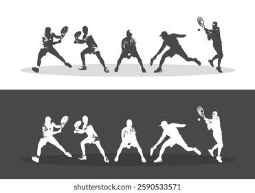 Abstract silhouettes of several tennis players on a white background. Man playing tennis in various poses using a racket hitting the ball. Vector illustration