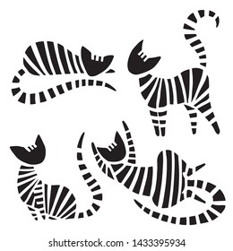 Abstract silhouettes of striped cats. Isolated vector drawing. 