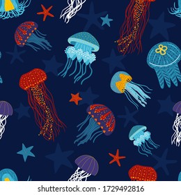Abstract silhouettes of various jellyfish in ethnic style. Seamless vector background with colorful sea jelly, tribal handmade  design of points and lines.