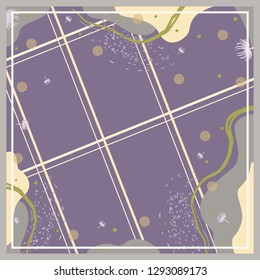 Abstract silk scarf with brush and diagonal lines pattern on purple. Hijab style
