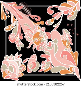 Abstract Silk Scarf Design pattern with ornamental seamless abstract print ready Head scarf vector files on black