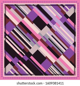 Abstract silk scarf with diagonal geometric motif on pink and purple background