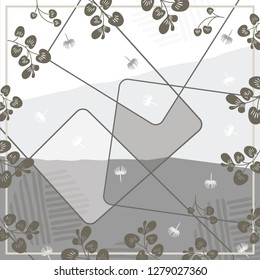 Abstract silk scarf with floral pattern on gray and white