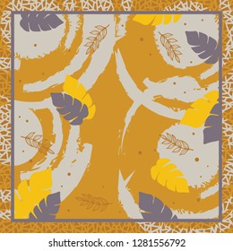 Abstract silk scarf with leaf pattern on yellow