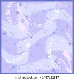 Abstract silk scarf pattern with flower and triangle elements. Hijab design on purple color