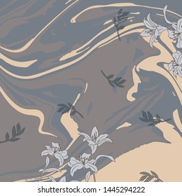 Abstract silk scarf pattern with leaf design on brown background