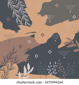 Abstract silk scarf pattern with leaves. Hijab design on brown color