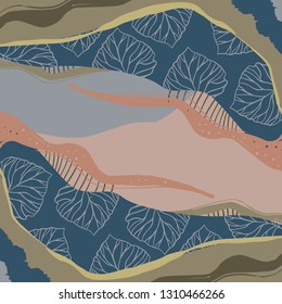 Abstract silk scarf pattern on blue and green with leaf. Hijab style