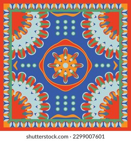 Abstraktes Seidenscheuchmuster auf Rot und Blau. Quadratisches Schal-Motiv. Bandana-Design