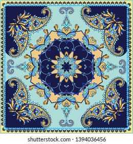 Abstract silk scarf pattern with paisley. Indigo traditional paisley pattern.