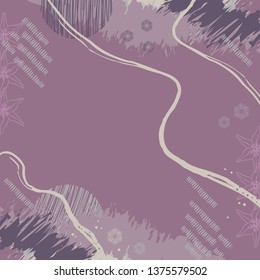 Abstract silk scarf pattern with sketch lines on purple color