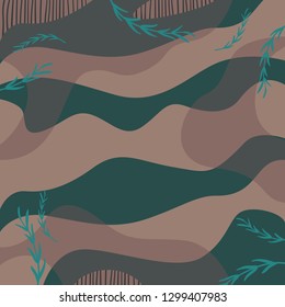 Abstract silk scarf with wavy pattern and leaf on green. Hijab style